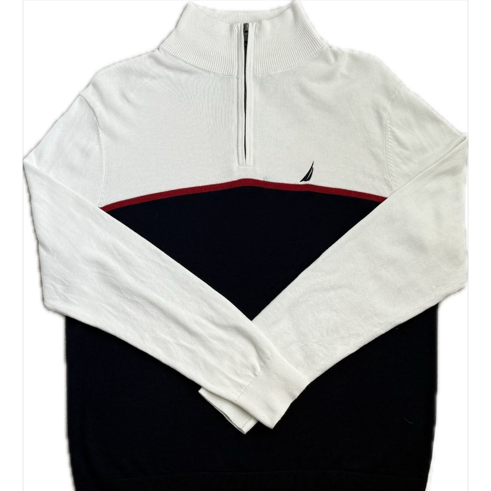 Nautica Black and Cream Zip Up Sweater with Sporty Design